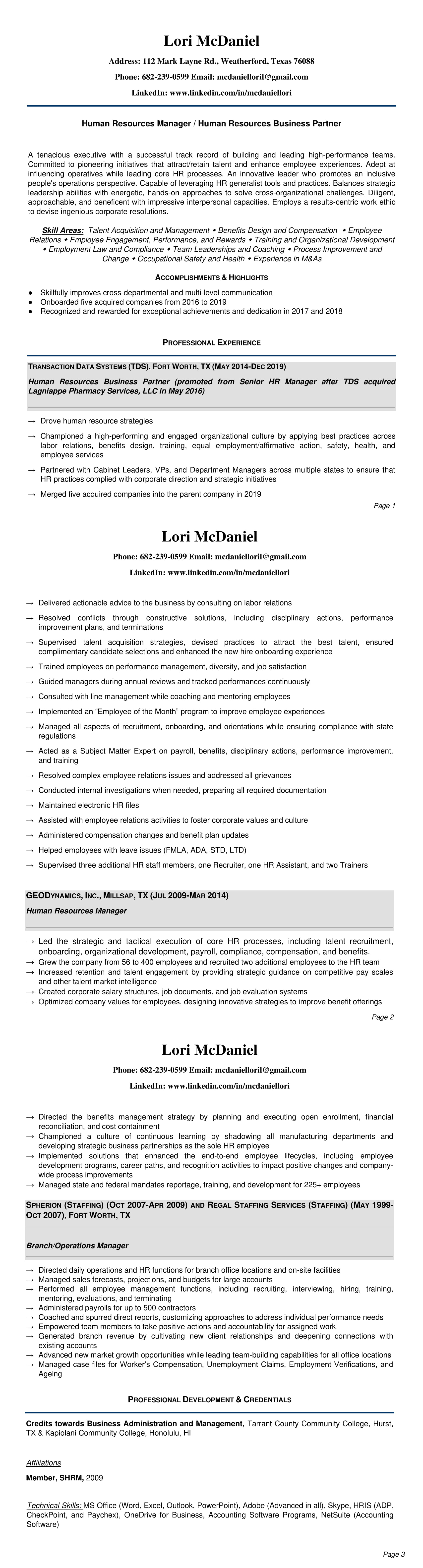 Lori McDaniel Resume - Career Growth