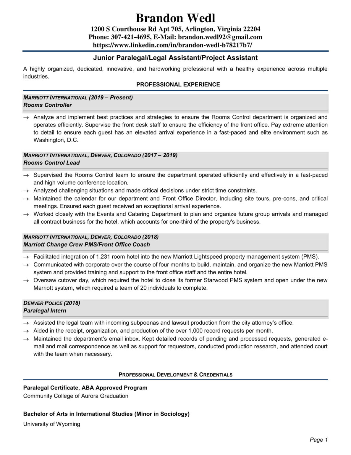 Brandon Wedl Resume - Career Growth