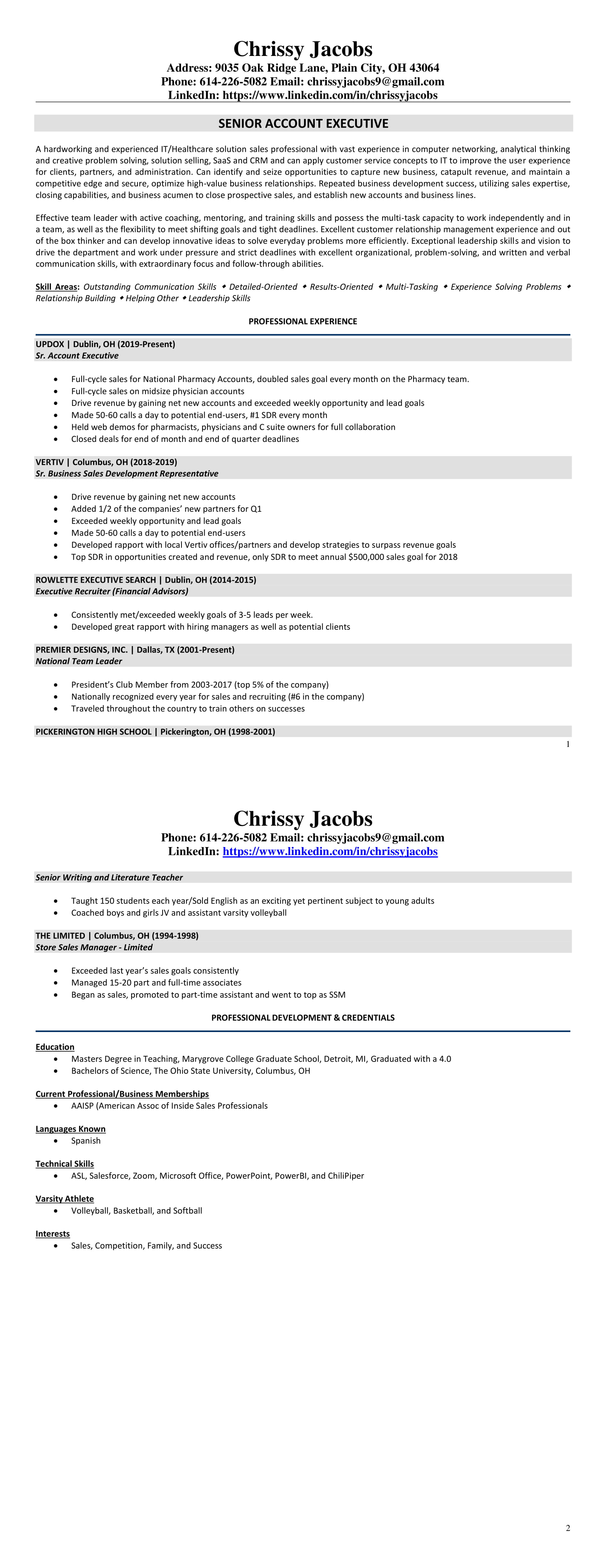 Chrissy Jacobs Resume - Career Growth