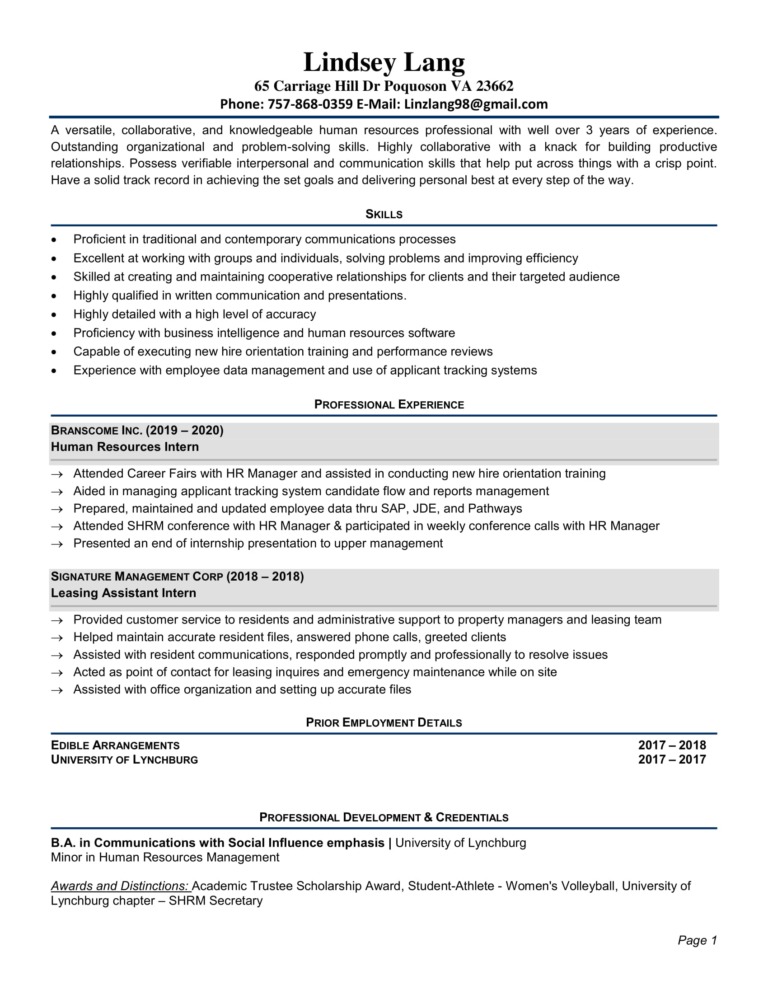 Lindsey Lang Resume - Career Growth