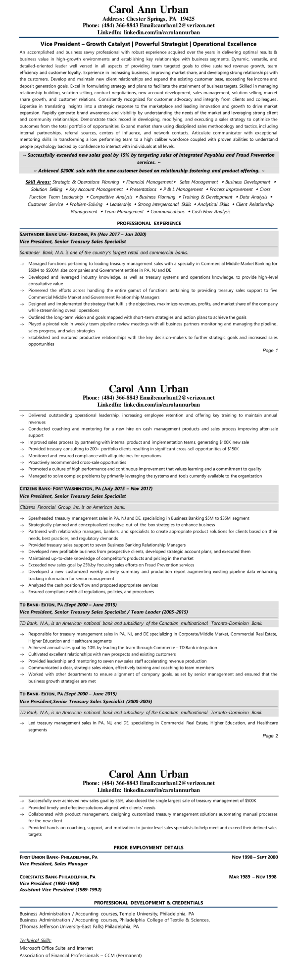 CAROL ANN URBAN Resume - Career Growth