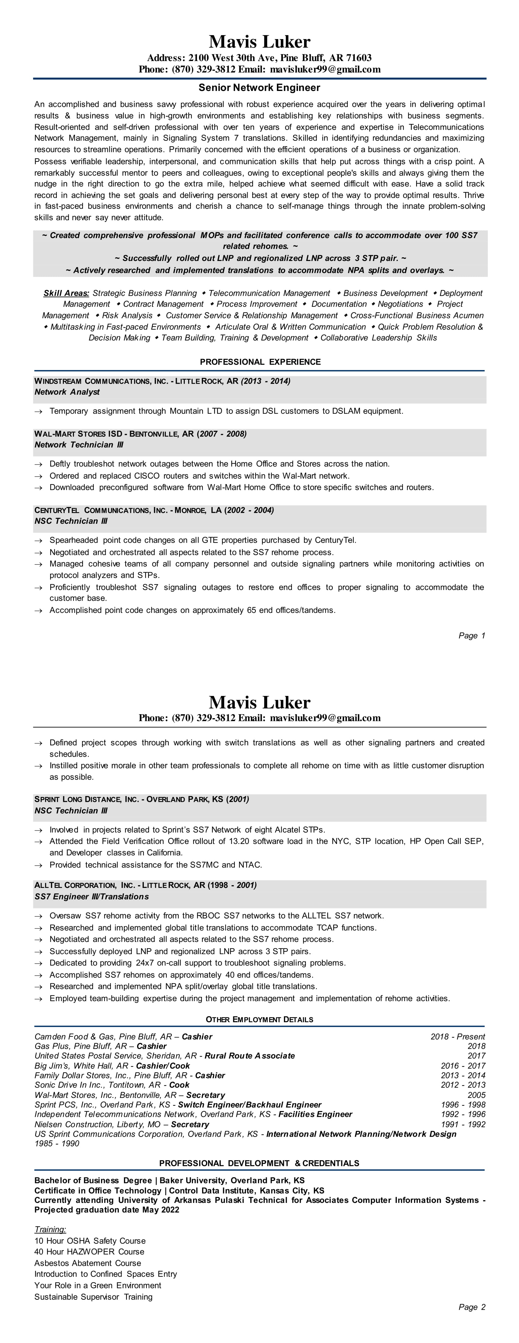 Mavis Luker Resume - Career Growth