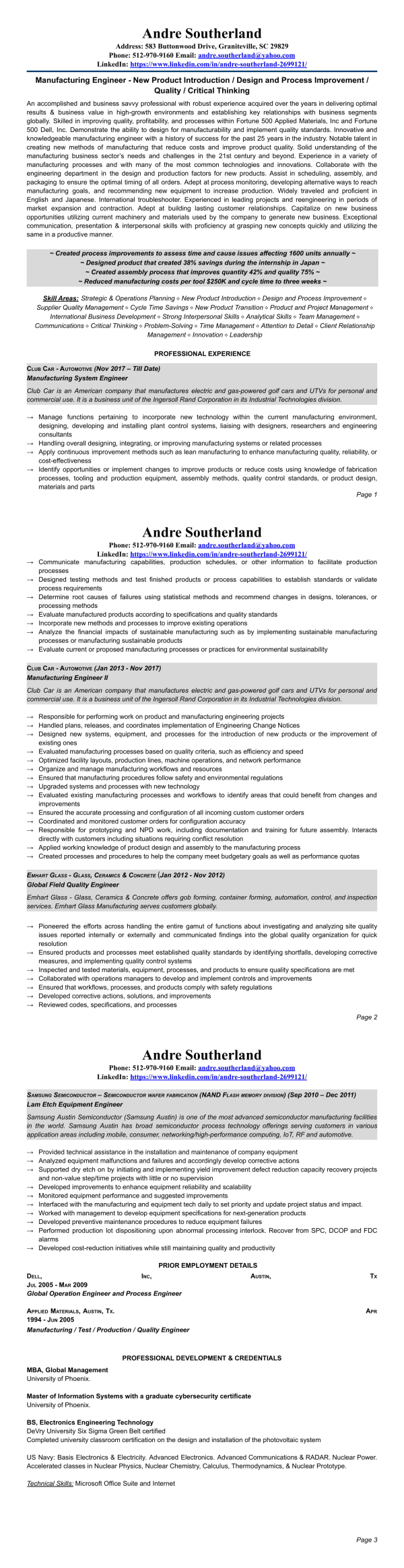 Andre Southerland Resume - Career Growth