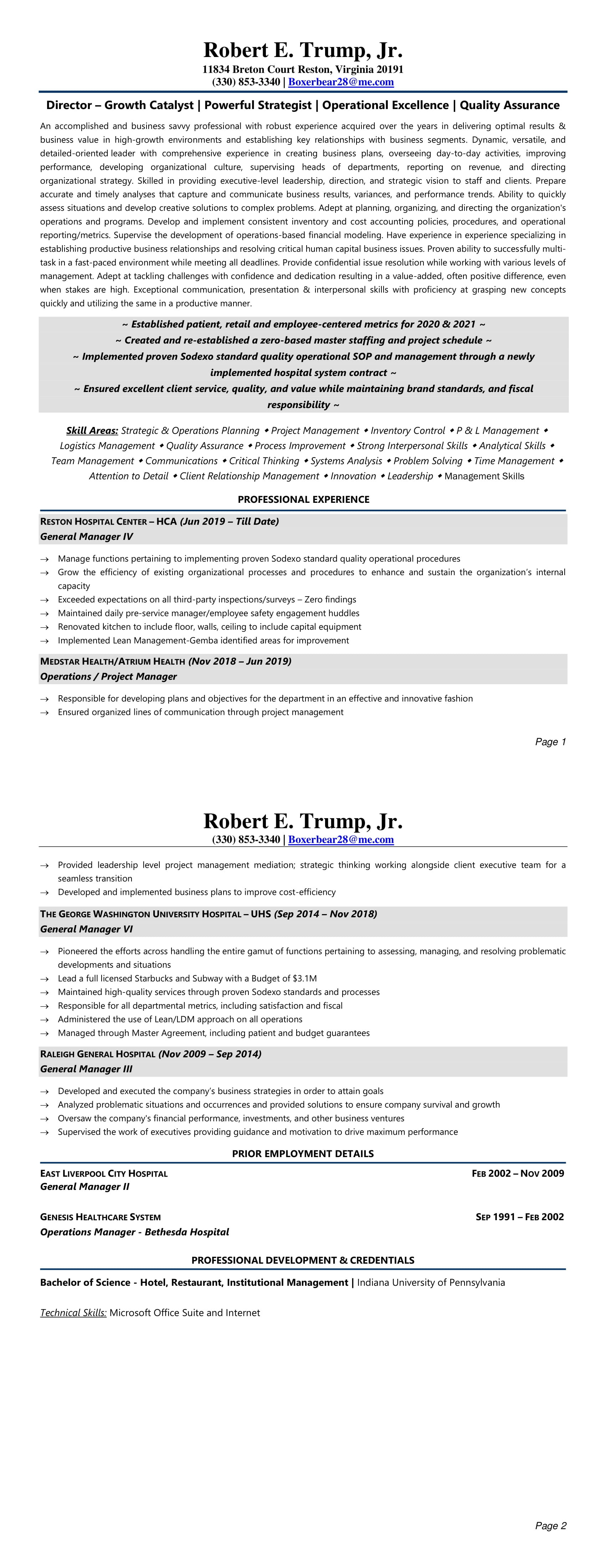 Robert E. Trump Resume - Career Growth