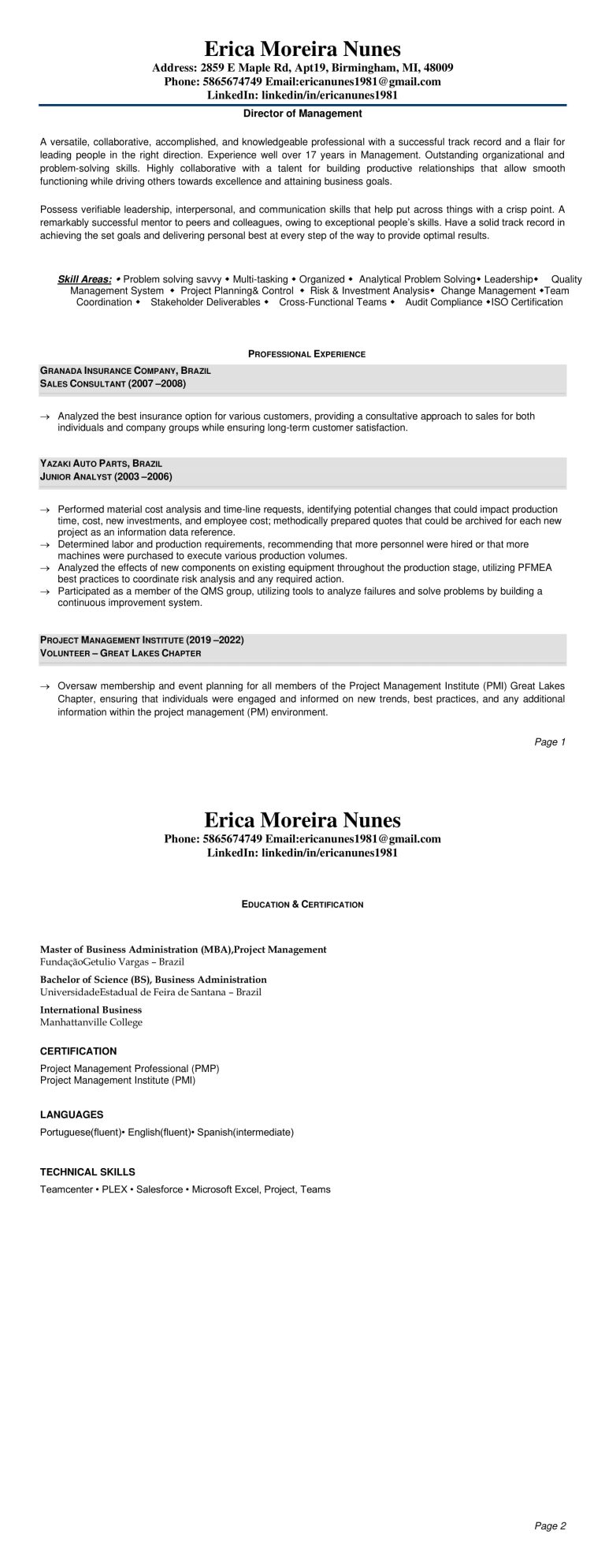 Erica Nunes Resume - Career Growth